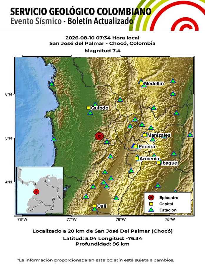 Temblor con magnitud de 7,4 sacudió a Colombia con epicentro en Chocó