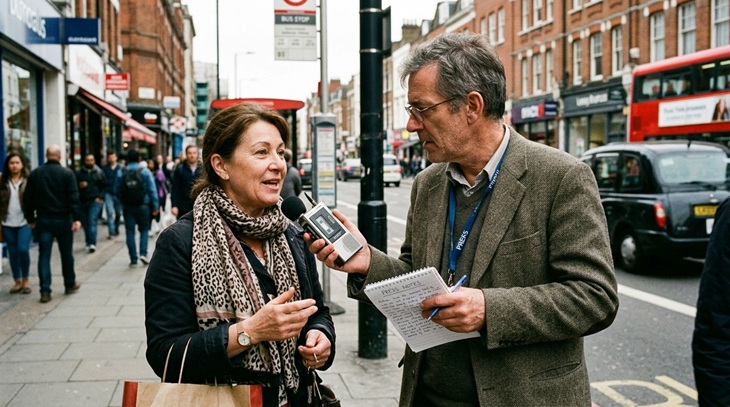 Periodista realizando una entrevista a una ciudadana en la calle utilizando una grabadora de casete tradicional y tomando notas a mano en un libreta.
